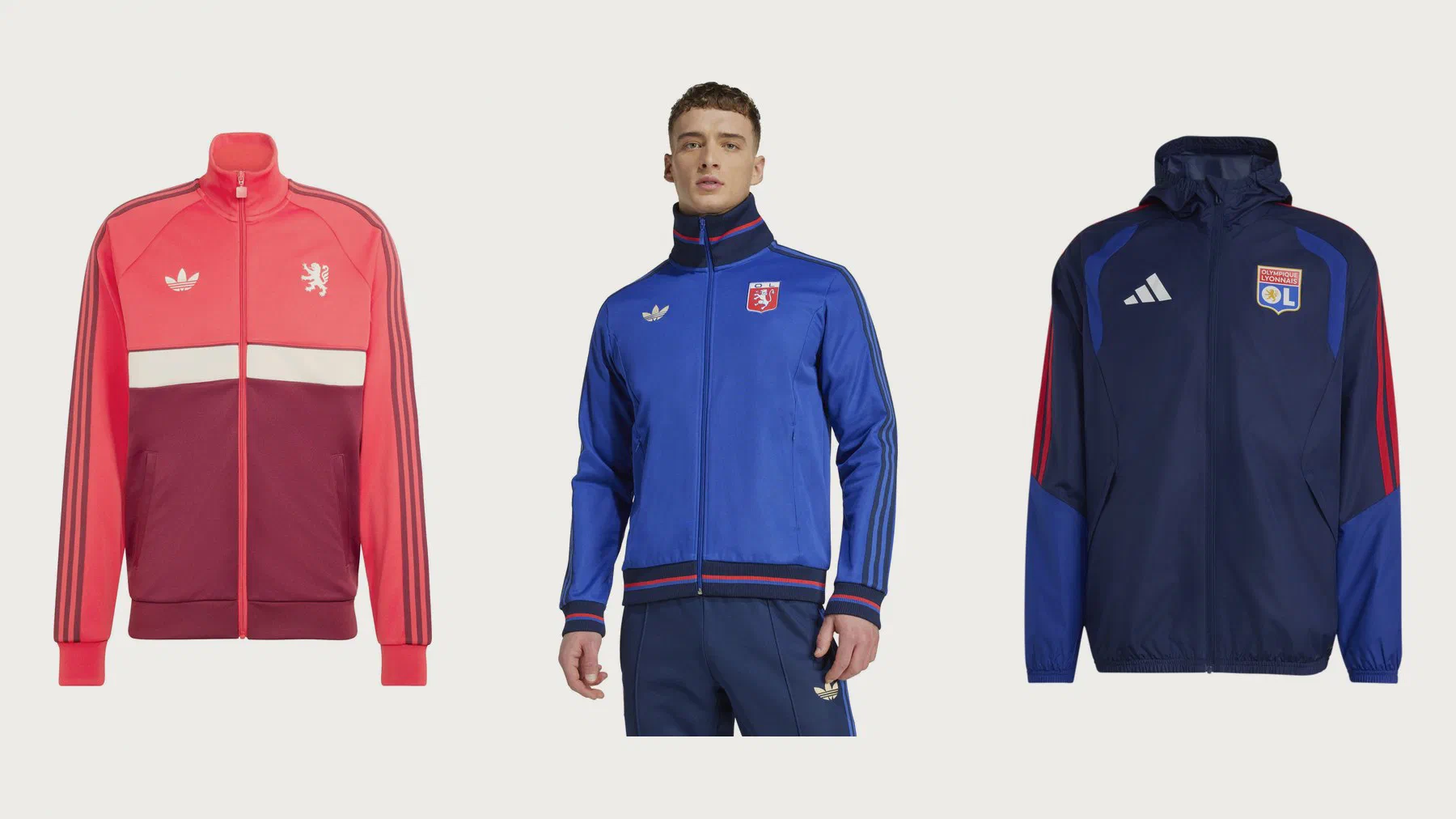 Veste Originals OL rouge et bordeaux au lion blanc, veste 75 ans bleu roi portée et coupe-vent OL marine à manches bleues