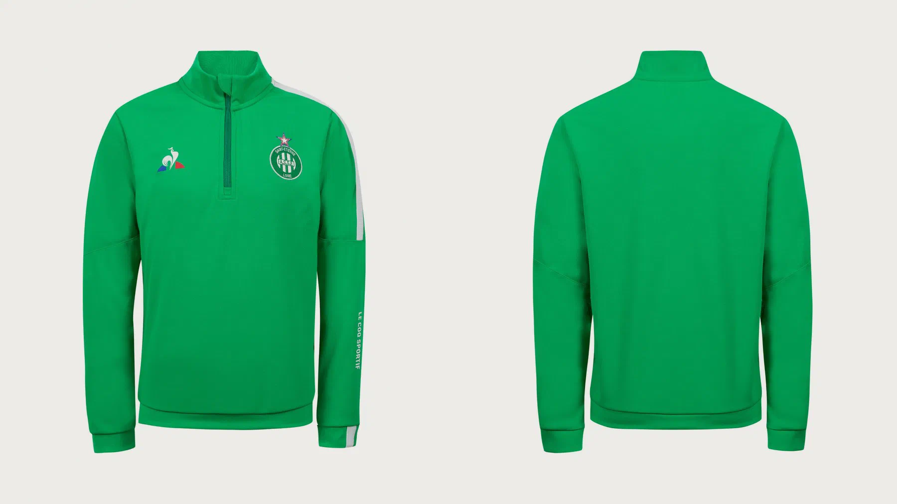 Sweat zippé junior ASSE Le Coq Sportif vert à bande blanche sur l'épaule, vu de face et de dos
