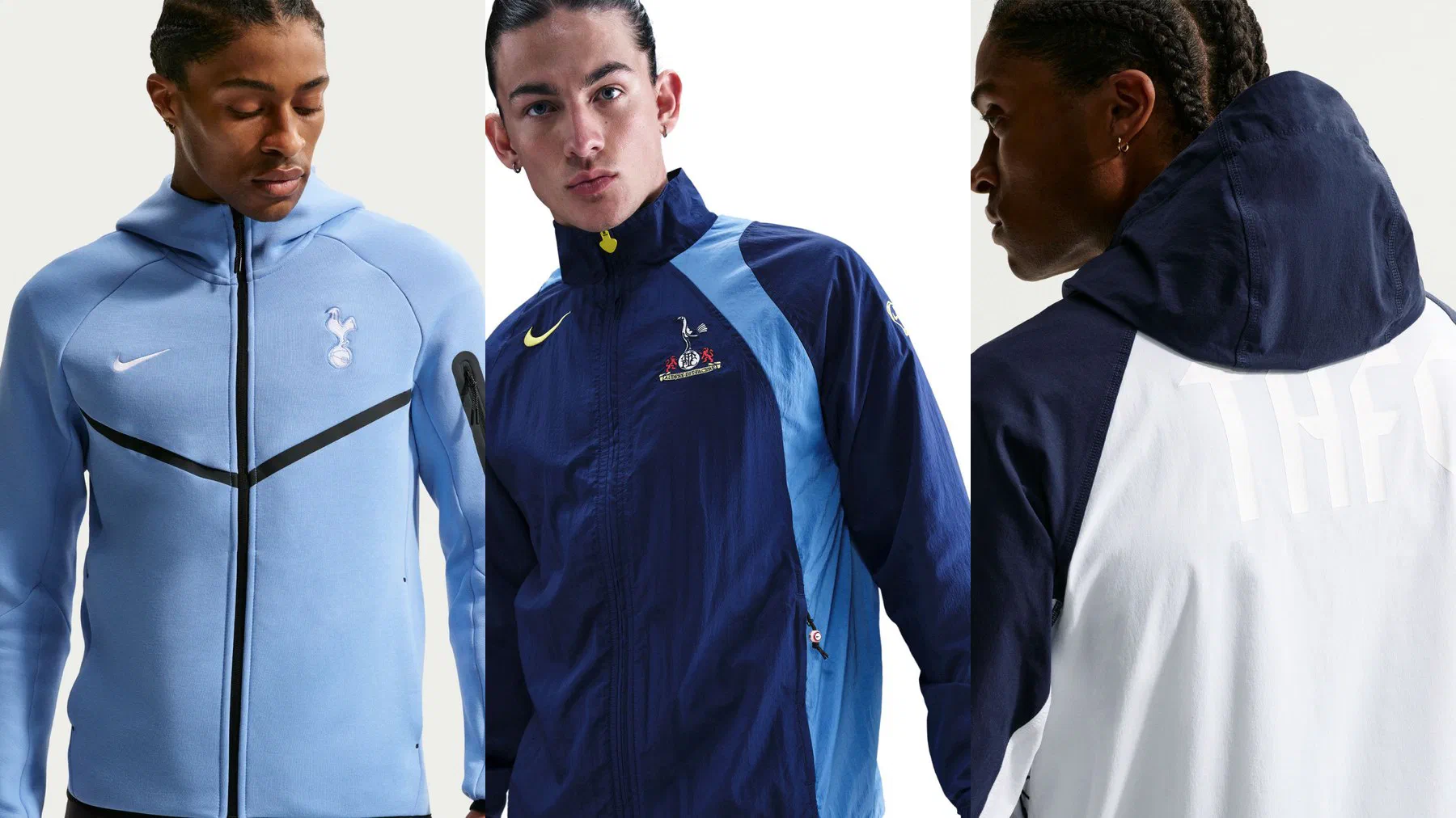 Veste Tech Fleece Tottenham bleu ciel portée, veste tissée T90 marine et bleu ciel à ancien écusson, et dos de la veste Tech Woven blanche marquée THFC